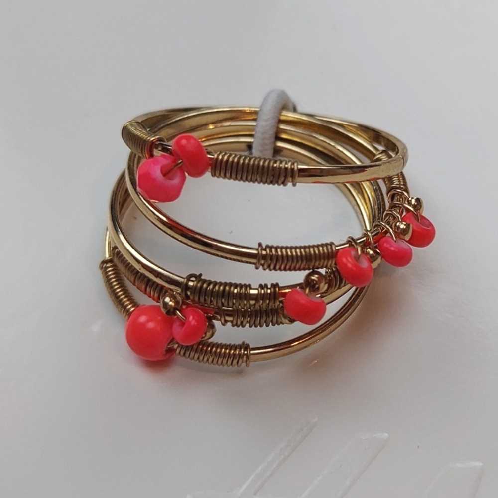 3/$12 H&M | Gold Rings Pink Beads 5 Ring Set | Size M/L